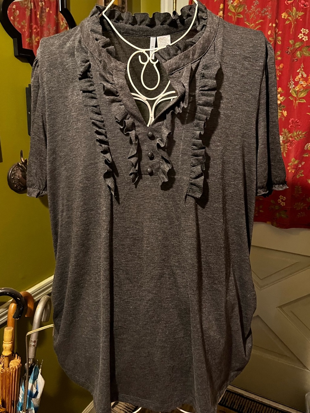 Lily Lou Charcoal Gray Ruffled Henley Short Puff Sleeve Knit Top 3X